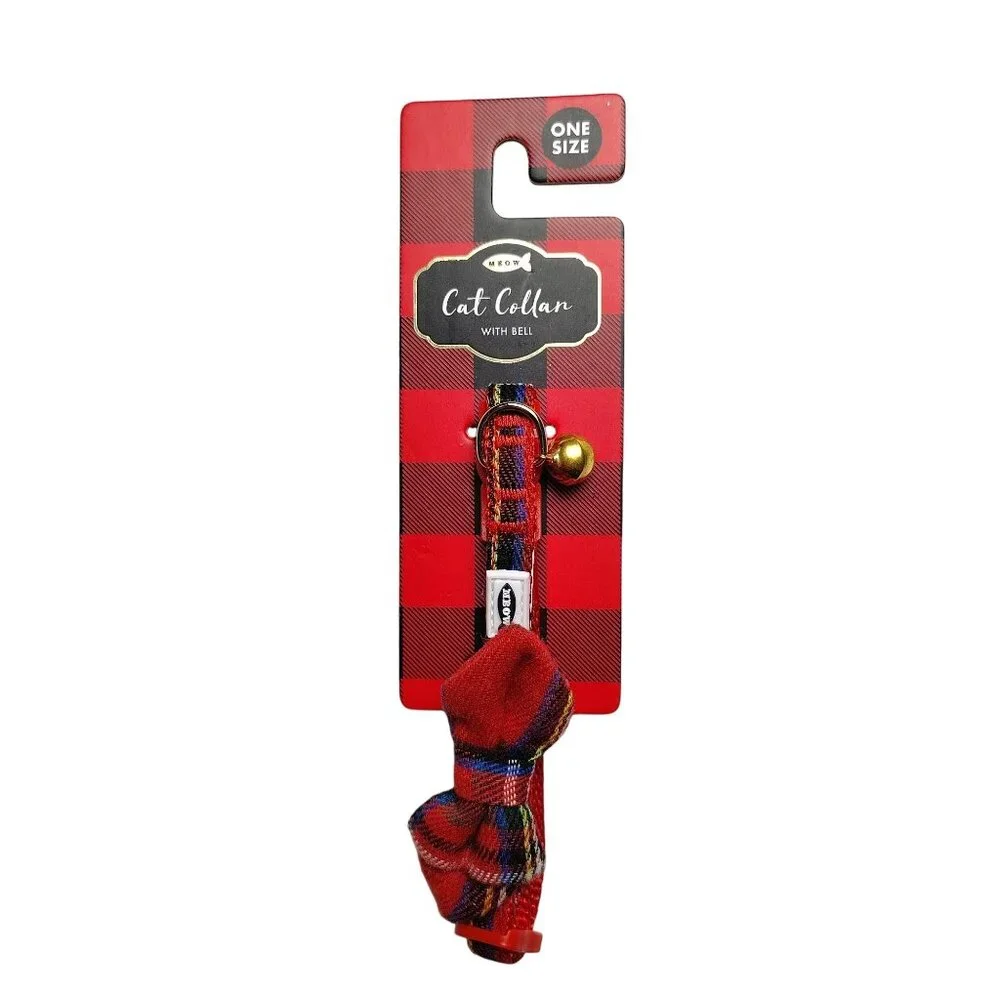 Meow Red Tartan Plaid Cat Collar With Bell and Bow Tie